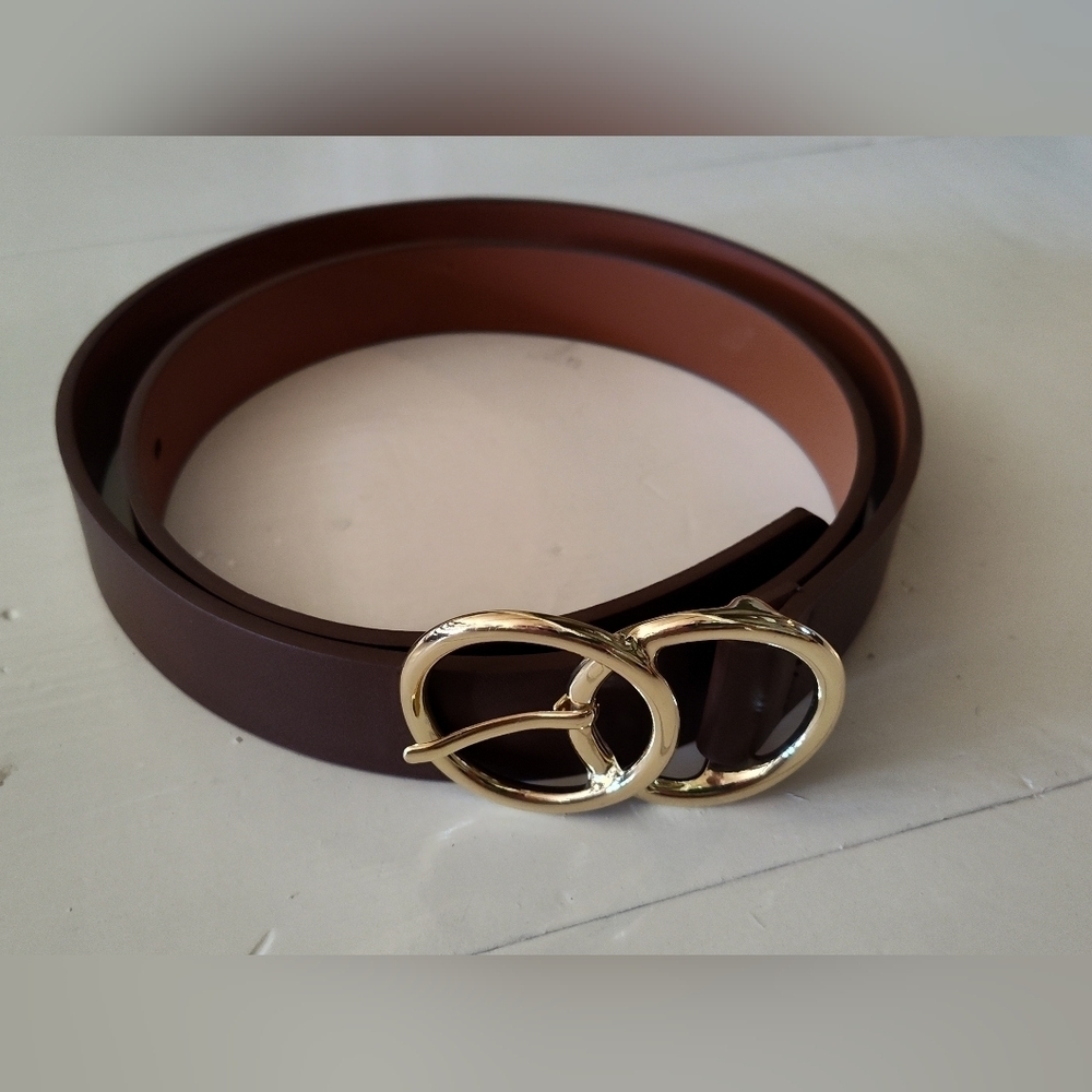 Women's Brown Faux Leather Belt with Gold Buckle | 45" Long